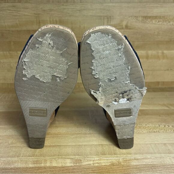 TOMS Womens Size 9 Black Canvas Wedge Peep Toe Heel Sandals 711215 - Picture 5 of 7